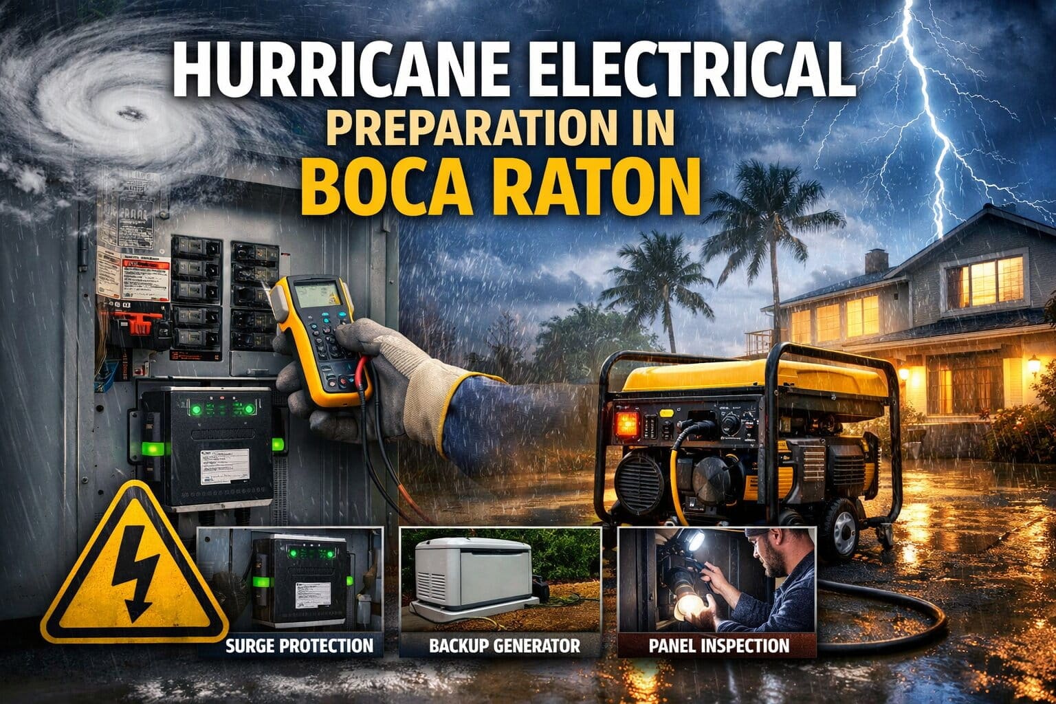 TNS Electric An electrician tests a panel near a generator outside a house in a storm, with text reading "Hurricane Electrical Preparation in Boca Raton" and icons for surge protection, backup generator, and electrician panel inspection.